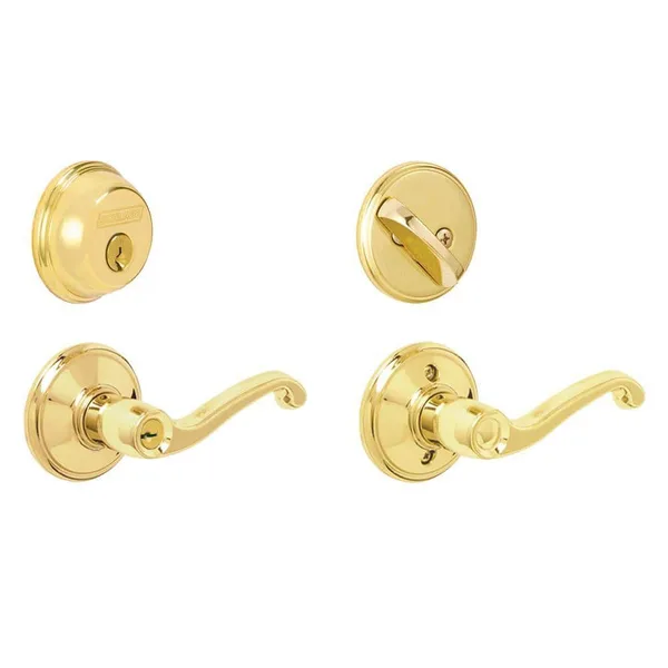Flair Bright Brass Single Cylinder Deadbolt and Keyed Entry Door Handle Combo Pack