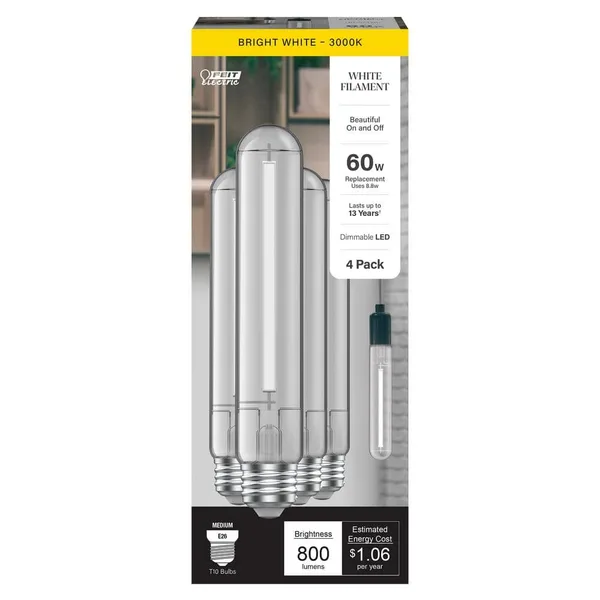 60W Equivalent T10L Dimmable Straight White Filament Clear E26 Vintage Edison LED Light Bulb Bright White 3000K (4-Pack)