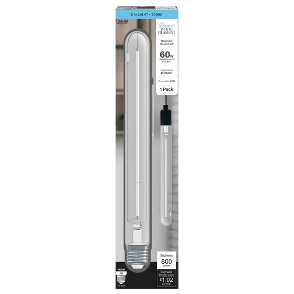 60-Watt Equivalent T10XL Dimmable Straight Thin White Filament Clear Glass E26 Edison LED Light Bulb, Daylight 5000K