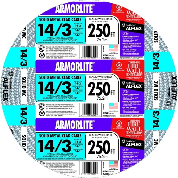 14/3 x 250 ft. Solid CU MC (Metal Clad) Armorlite Cable