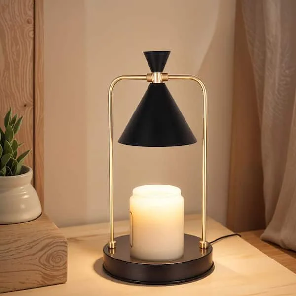 11.8 in. Black and Gold Modern Candle Warmer Table Lamp with Black Metal Shade and Timer Option