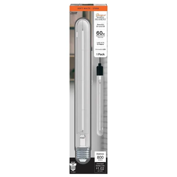 60-Watt Equivalent T10XL Dimmable Straight Thin White Filament Clear E26 Vintage Edison LED Light Bulb, Soft White 2700K