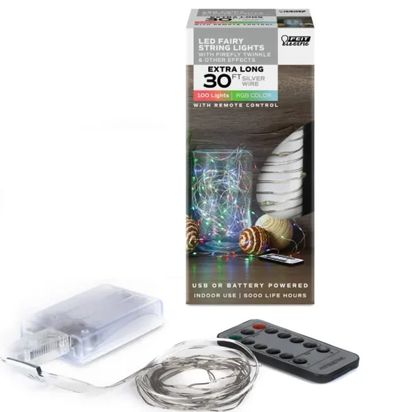 100-Light 30 ft. USB or Battery Operated Mini LED Indoor Silver Wire Red/Green/Blue Fairy String Light with Remote