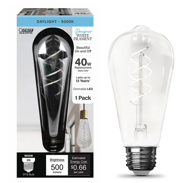 40-Watt Equivalent ST19 Dimmable Double Spiral White Filament Clear E26 Vintage Edison LED Light Bulb, Daylight 5000K
