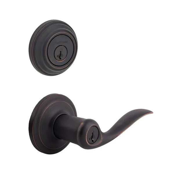 Tustin Venetian Bronze ExteriorEntry Door Handle and Single Cylinder Deadbolt Combo Pack Featuring SmartKey Security