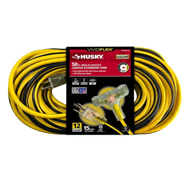 Vividflex 50 ft. 12/3 Heavy Duty Indoor/Outdoor Triple Tap Extension Cord with Lighted Ends, Yellow