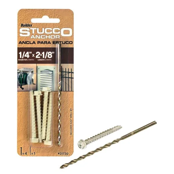 1/4 in. x 2-1/8 in. Steel Hex-Washer-Head Stucco Anchors with Drill Bit (4-Pack)