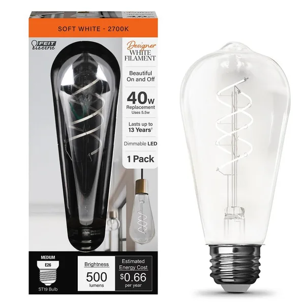 40-Watt Equivalent ST19 Dimmable Double Spiral White Filament Clear E26 Vintage Edison LED Light Bulb, Soft White 2700K